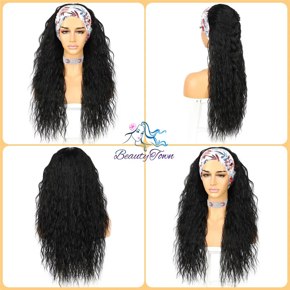 Kinky Curly Headband Wig for Women Daily Black Scarf Wig 26inches Long Party Travel Holiday Glueless Synthetic Wigs 2 Free Bands