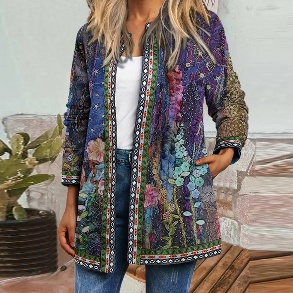 Autumn and winter cardigan women\'s retro and novel ethnic floral print long-sleeved tunic jacket women\'s loose jacket chic top