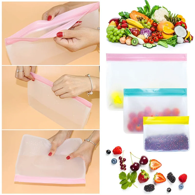 Reusable Food Storage Bag Upgrade Leakproof Top Stand Up Freezer Sandwich Ziplock Bag Silicone PEVA Food Preservation Shut Bag