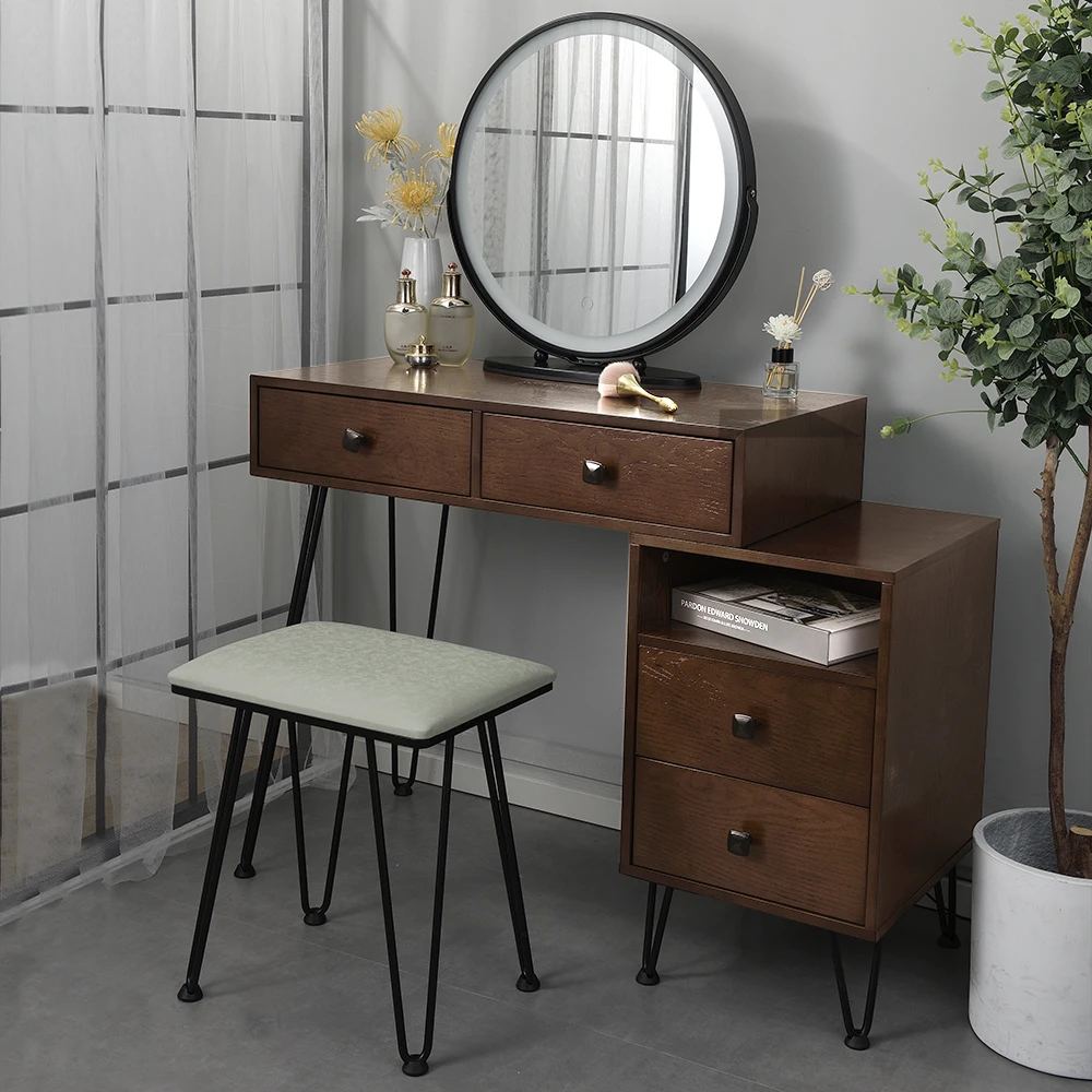 Two Colors (80 x 40 x 130)cm Dressing Table Bedroom Iron Dresser Solid Wood Makeup Desk Storage Cabinet with Dressing Stool