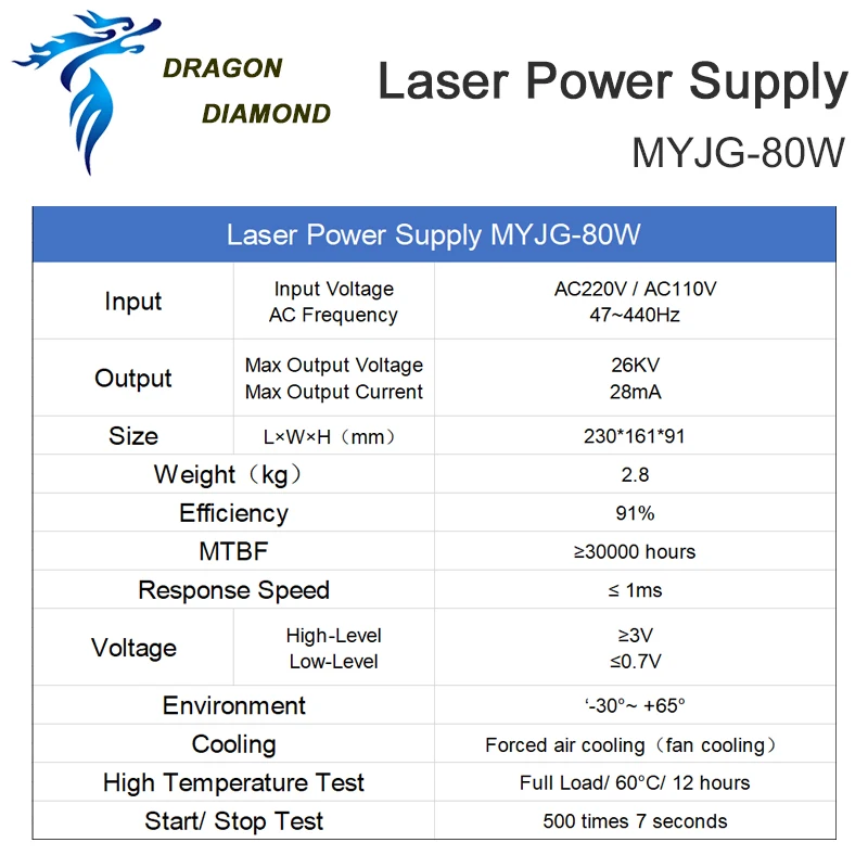 Dragon Diamond 80W-100W Co2 Laser Power Supply For Co2 Laser Engraving and Cutting Machine MYJG Series