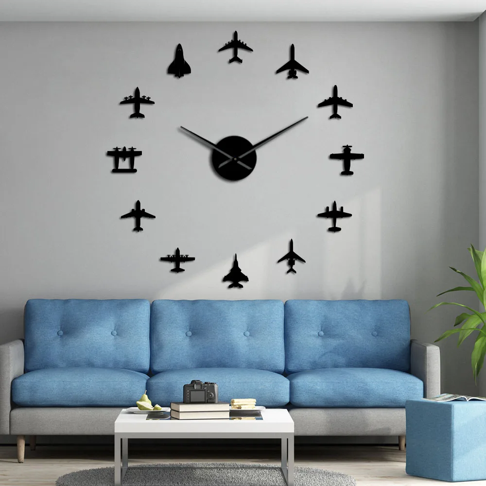 Flying Plane Fighter Jet Large Wall Clock DIY 3D Acrylic Mirror Effect Sticker Airplane Silent Watch Aviator Home Decor view 2