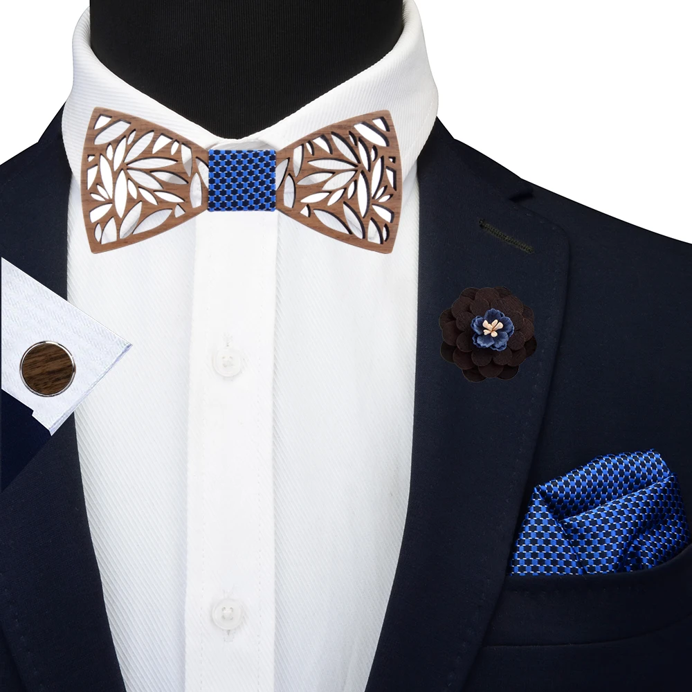 2020 Paisley Hollow Carved Wooden Bowtie Pocket Square Set Navy Floral Wood Bow Ties For Men Wedding Box Fashion Novelty Gifts