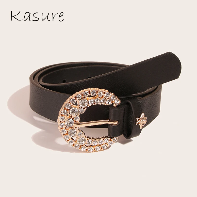 

KASURE Rhinestone Moon Shape Metal Buckle Woman Belt Luxury Gold Bee Jeans Decoration Fashion Street Designer Style Belts