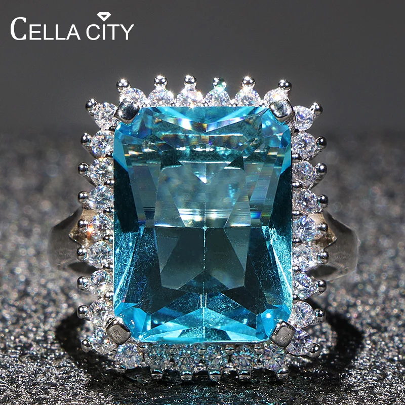 Cellacity Aquamarine Ring for Women Silver 925 Jewelry for Party Hyperbole Huge Rectangle Gemstones Size6,7,8,9,10 Party Gift