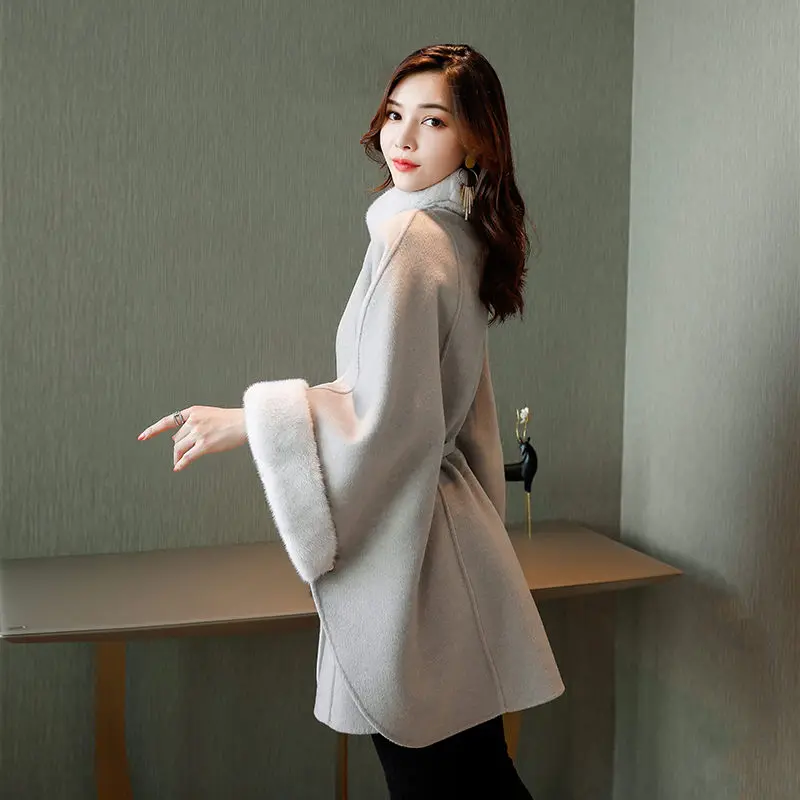 Cappotto di lana giacca mantello coreano da donna 2020 nuovo cappotto misto Slim alla moda autunno e inverno con collo di pelliccia manica 3/4 y429