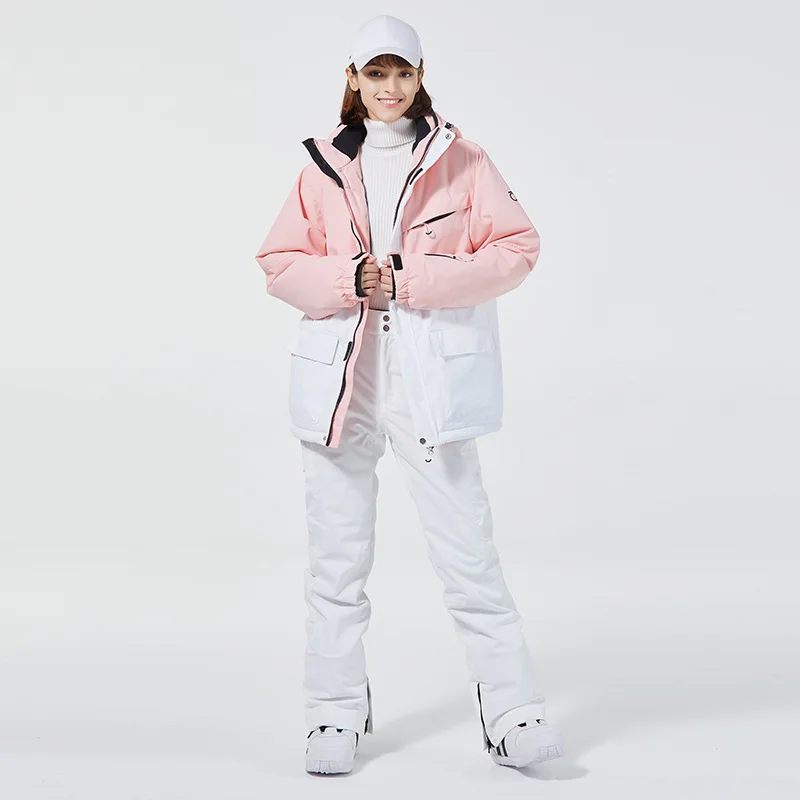 -30 Degree Super Warm Ski Suit Women Windproof Waterproof Snowboarding Jackets Suspender Pants Female Snow Costumes Overalls