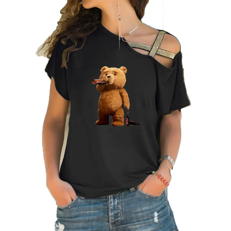 Summer Beer Drunk Bear Pissing Print Funny Teeshirt Women Short sleeve Loose Irregular Skew Cross Bandage Tops Tee