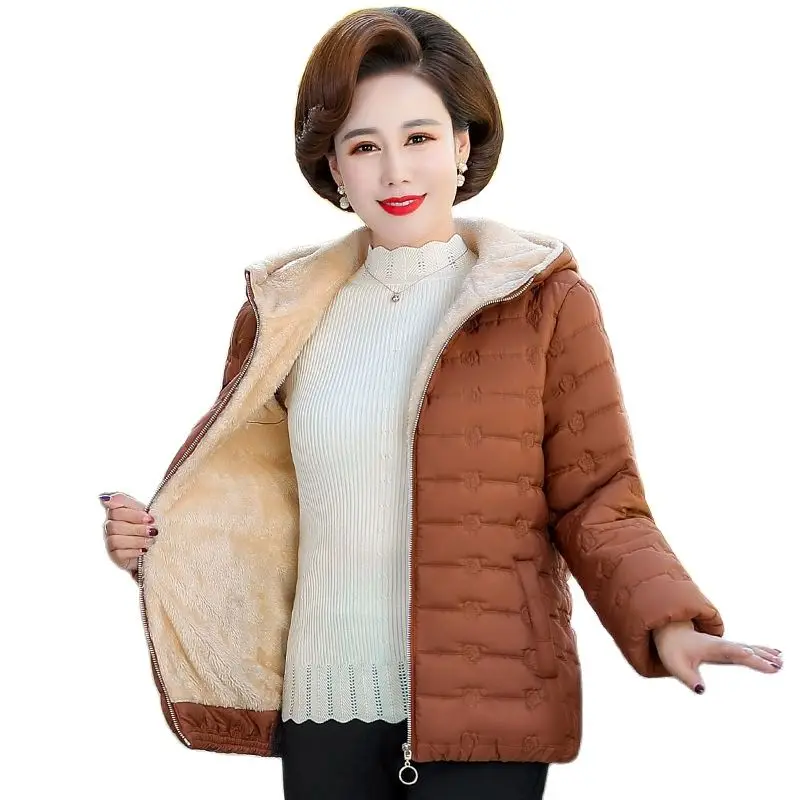 Autumn Winter Middle-aged Lady Hooded short Jacket Women Slim Plus Cashmere Warm Coat  Casual wam coat