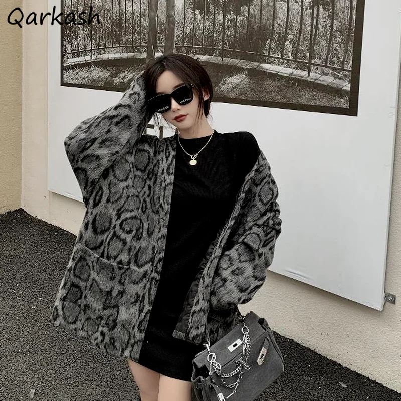 Leopard Wool Women All-match Fashion Blends Winter Outwear Harajuku Coats Korean Style Chic Loose Vintage Streetwear Elegant Ins