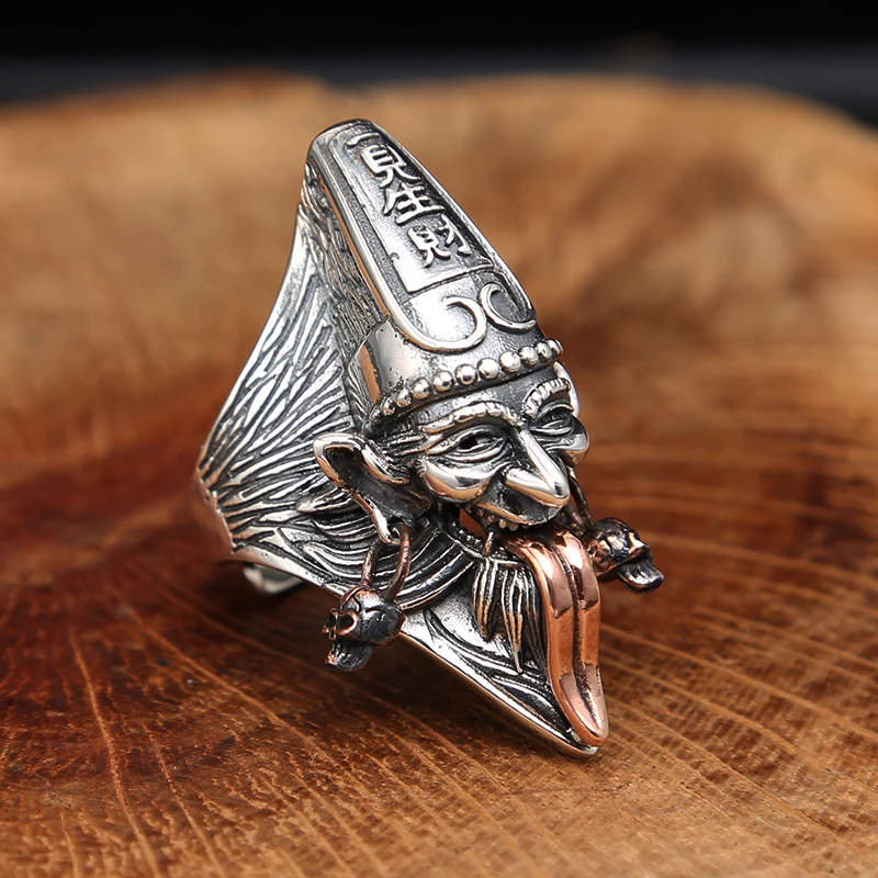 925 Sterling Silver Jewelry Seeing Fortune Black and White Impermanence Taoist Mythology Figure Retro Thai Silver Ring For Men