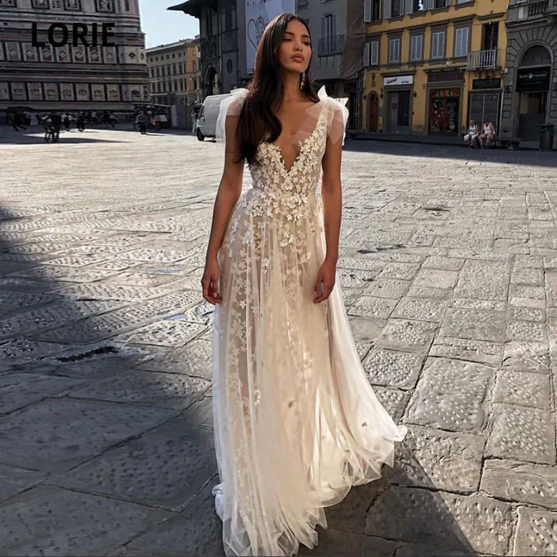 LORIE Beach Wedding Dresses 3D Flowers Lace A-Line Elegant Wedding Gown Boho V-Neck Country Bridal Dress 2024 vestido novia