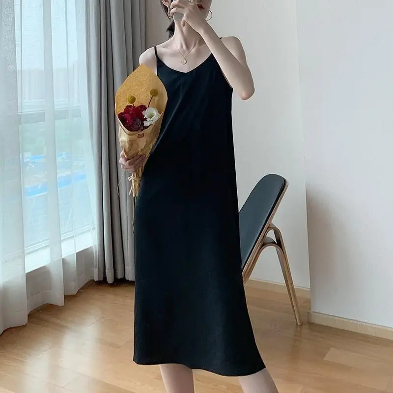 Summer Nightgowns Women Solid Simple Calf Length V-neck Sleeveless Nightdress Casual Basic Comfortable Sleepwear Korean Stylish