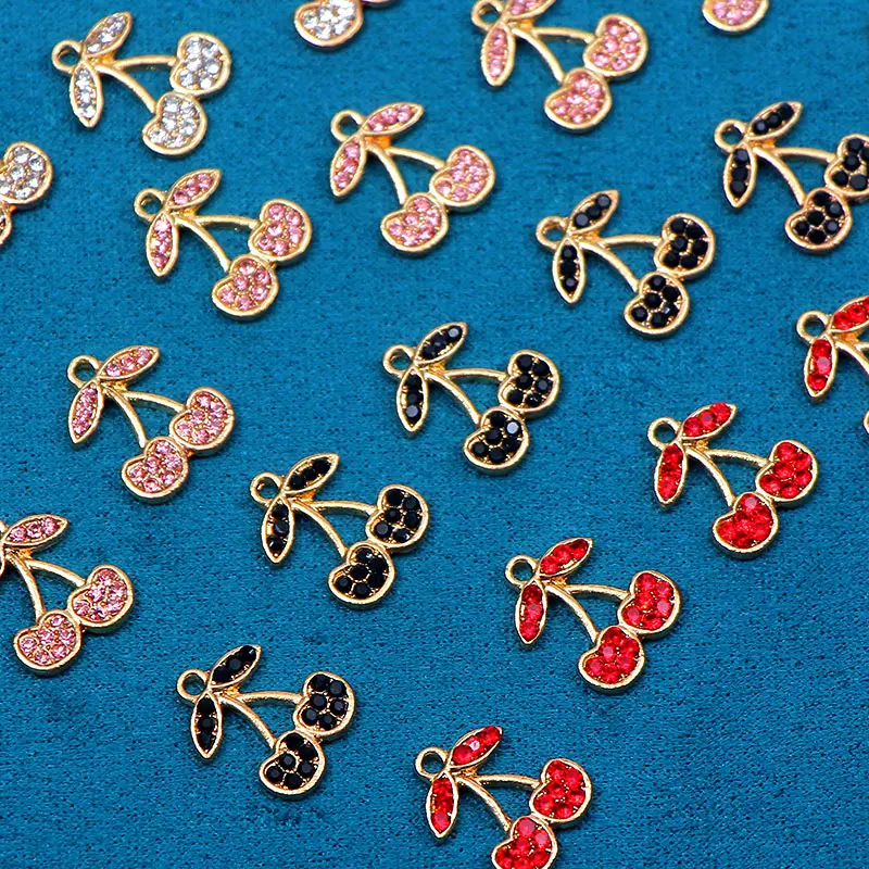 10Pcs Shiny Crystal Cute Cherry Charms Colorful Rhinestone Alloy Fruit Pendant Charm For DIY Earring Making Accessorie Wholesale