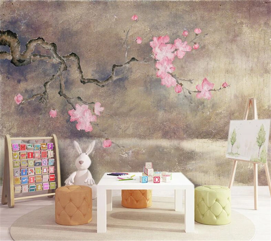 

wellyu Custom mural oil painting plum blossom background wall new Chinese hand-painted flower and bird background wallpaper