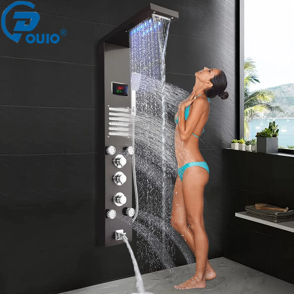 

OUIO Black Shower Panel Wall Mounted LED Rainfall Waterfall Shower Head Rain Massage Stainless Steel Bathroom Shower Panel