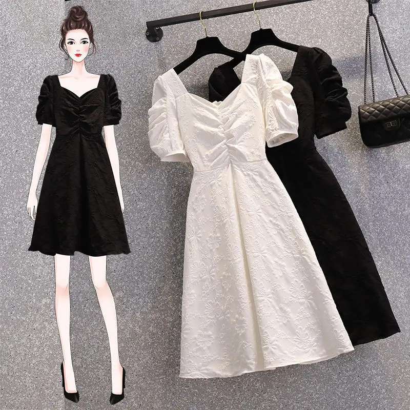 Black White Square Neck Retro Bubble Sleeve Dress Women 2021 Summer Evening Dress Lady Dinner Party Dress Autumn Bottomed Dress