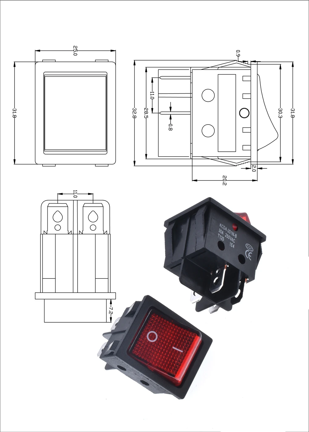 Special for Eelding Machine 30A 250V ON-OFF High Current KCD4 22*29 Red Copper Rocker Power Switch 4Pin Button Electrical Access