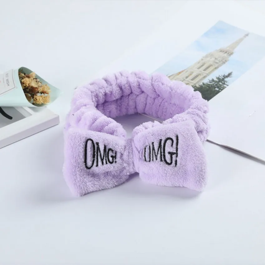 OMG Letter Bow Headbands para Mulheres, Wash Face, turbantes suaves, bandas elásticas de cabelo, Velo Coral, Assistente de Maquiagem Headwear,