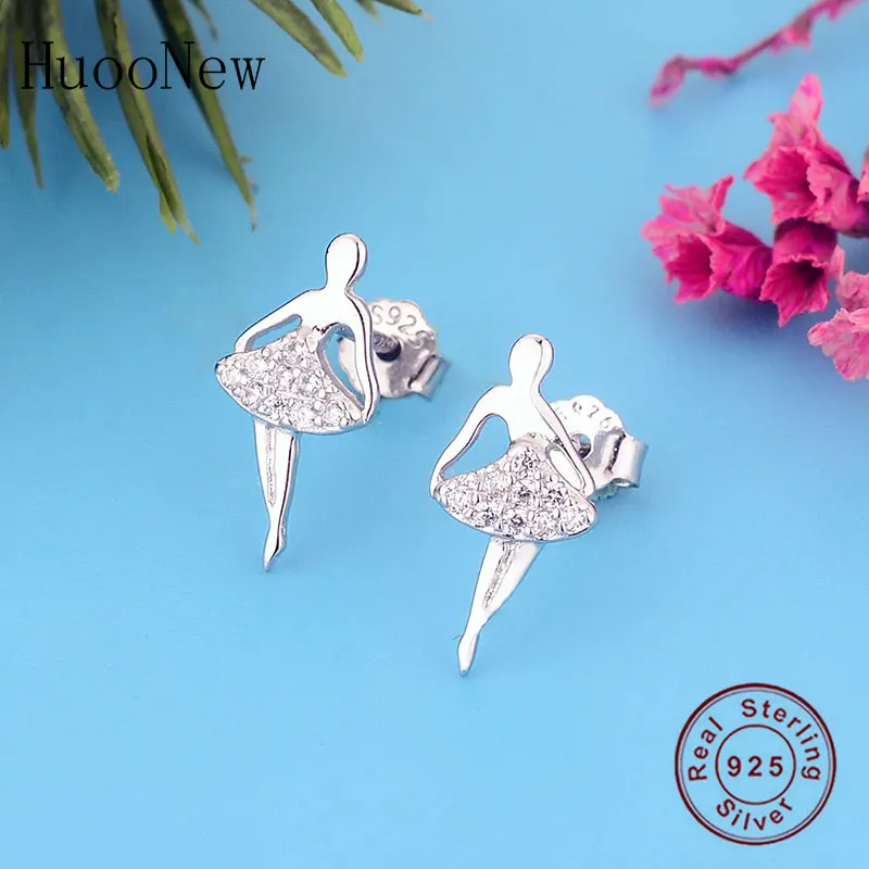 100% 925 Silver Ballet Dancer Ballerina Clear Cubic Zirconia Stud Earrings Women Brinco  Jewelry Christmas Accessories 2019 New