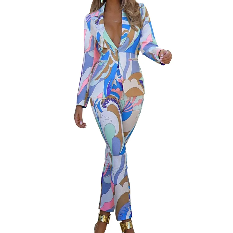 OMILKA Floral Printed Elegant 2 Piece Set Women Single Breasted Blazer and Long Pant Set 2021 Autumn Party Office Lady Outfits