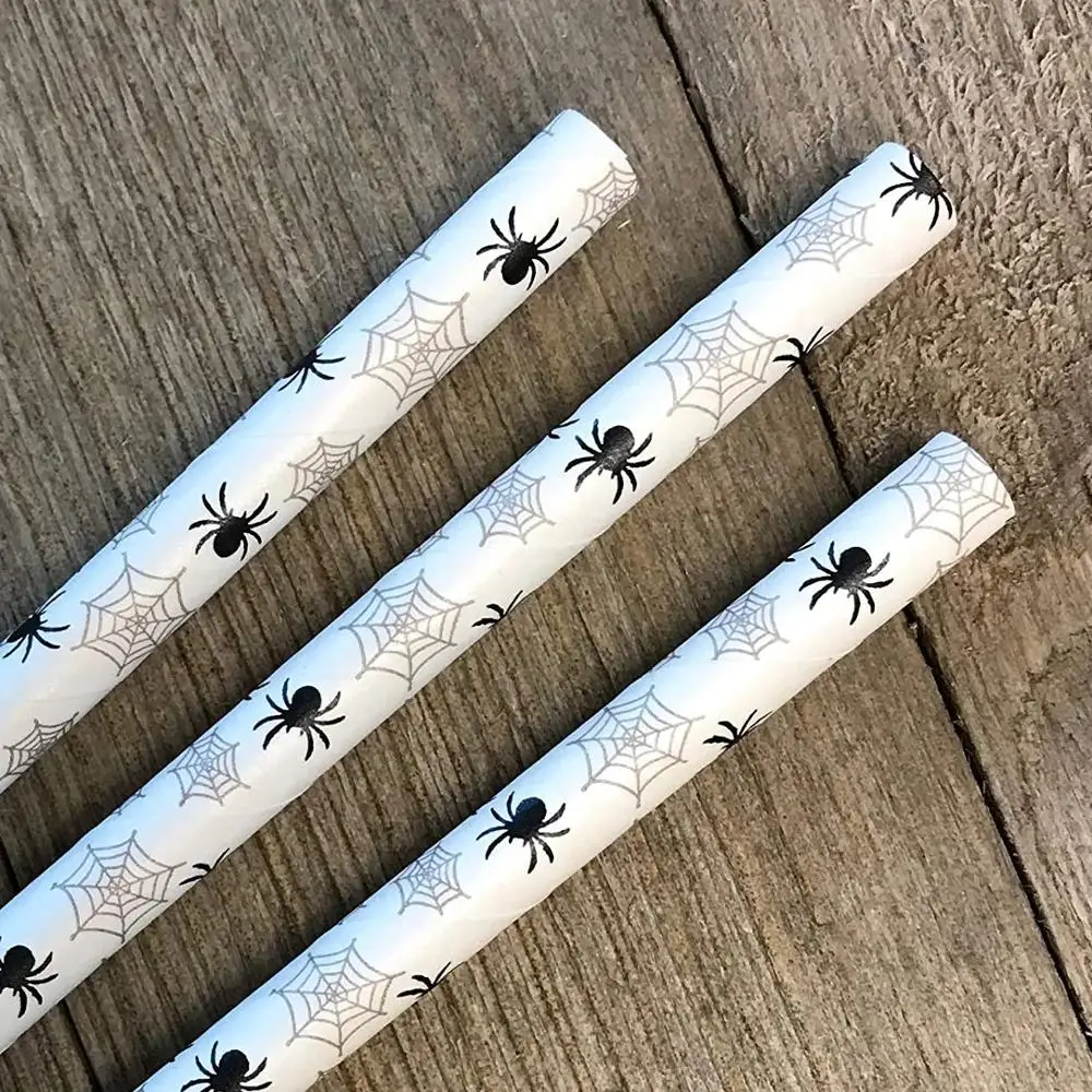 100 Pcs Black Cobweb Spider Web Print White Paper Straws,Decorative Halloween Birthday Party Restaurant Beverage Drinking Straws