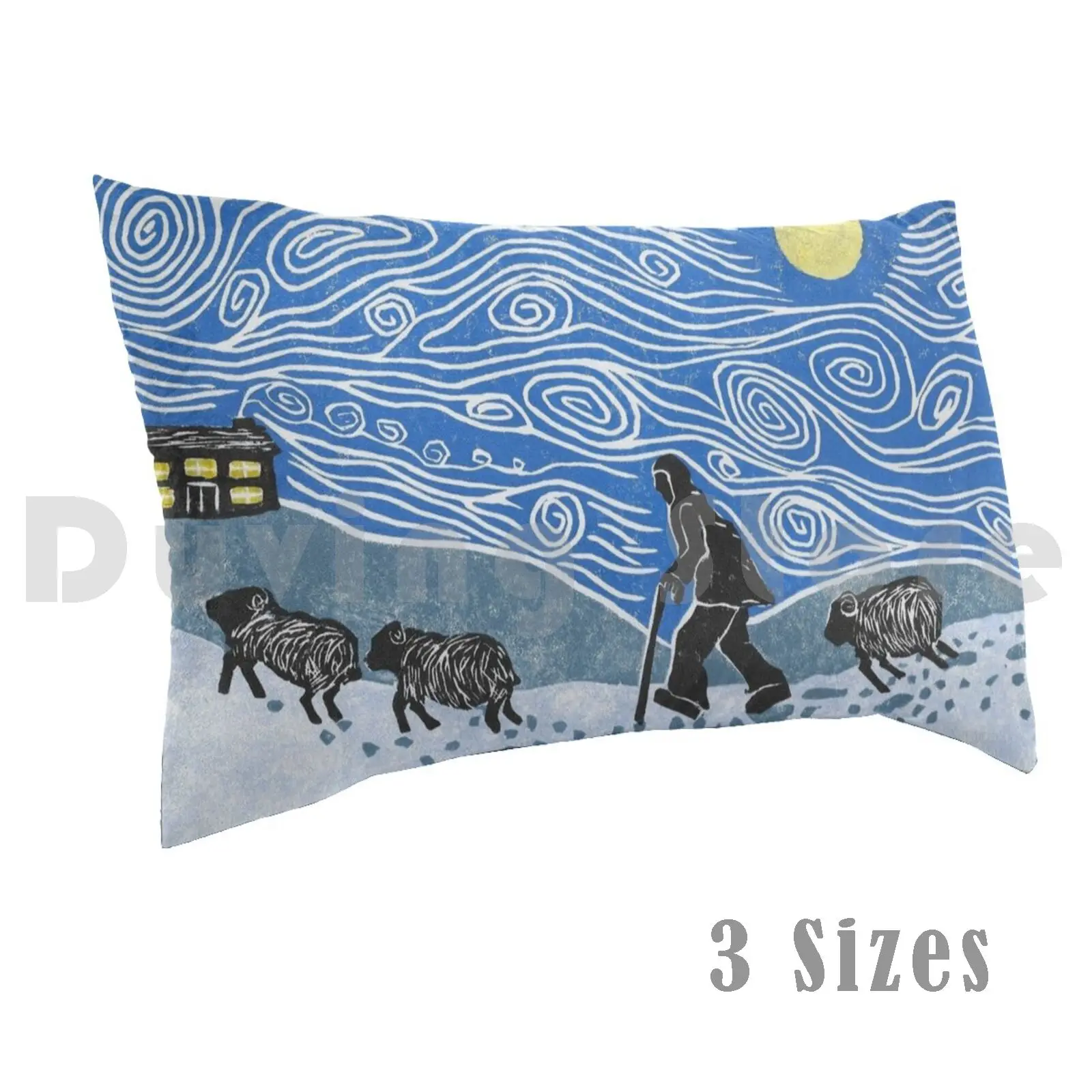 Headed Home Shepherd Leading Sheep Home Pillow Case DIY 50*70 Farming Sheep Shepherd Moon Winter Home Snow