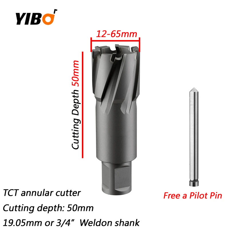 

Hole Saw With 50mm Cutting Depth Diameter 12-65mm x 50mm TCT Annular Cutter With 3/4" Weldon Shank, 2" Carbide Alloy Core Drill