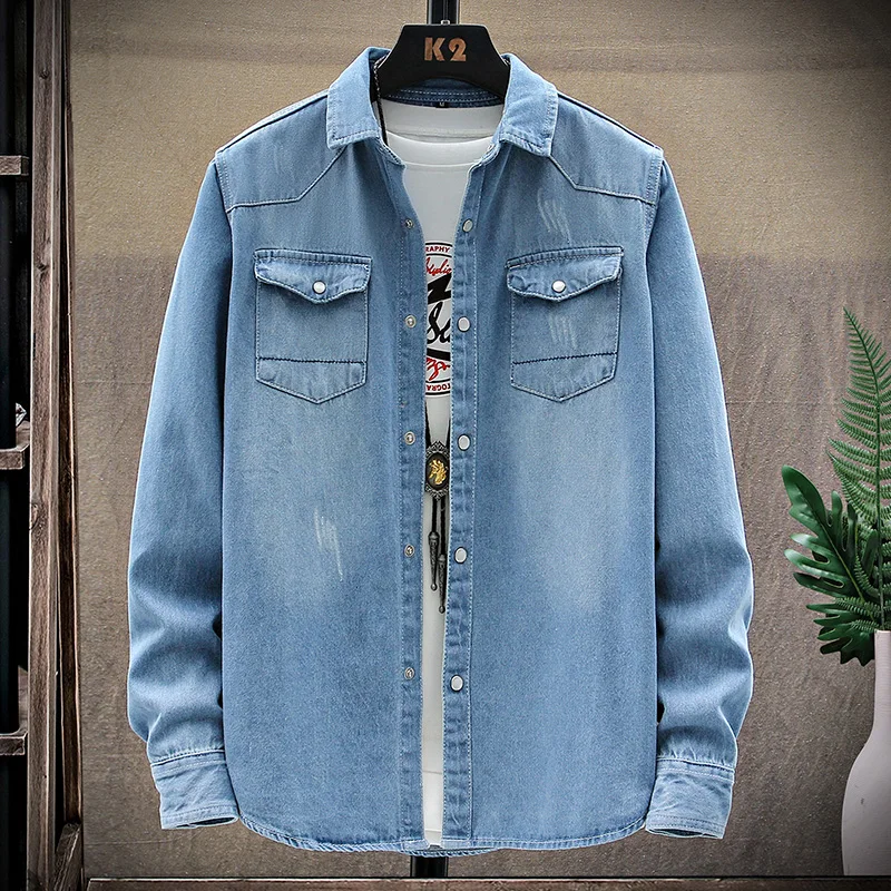 2022 Jeans Shirt Men Denim Shirts Mens Tropical Casual Men Long Sleeve Windbreaker Shirt Male Cotton Cowboy Jean Shirts Clothing