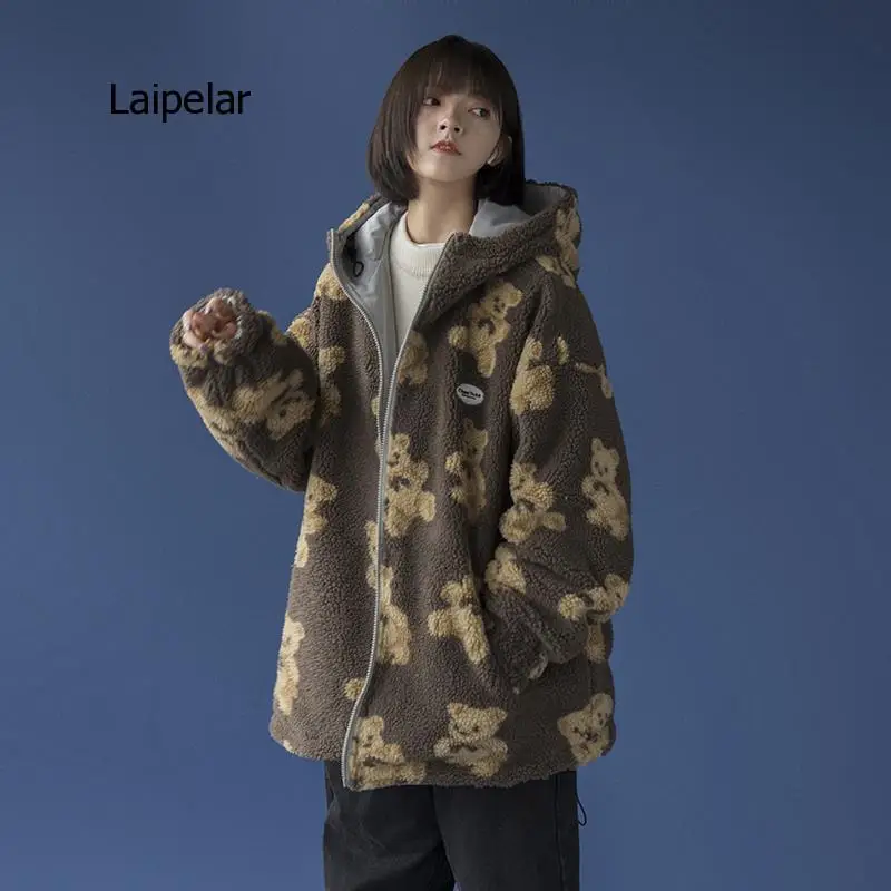 Hip Hop Lambswool Jacket Bear Print Double Side Wear Pullover Women Harajuku Street Wear Loose Couple Coat Outwear Winter