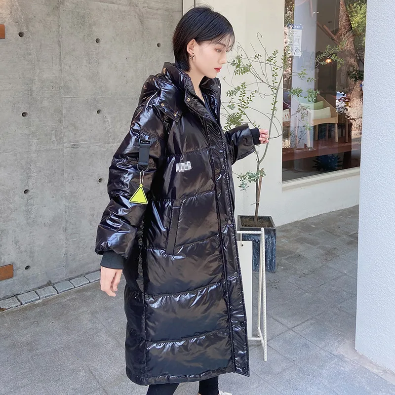 2021 Winter New Shiny Down Jacket Female Korean Version of White Duck Down Mid-length Over-the-knee Thickened Parka Coat In Snow