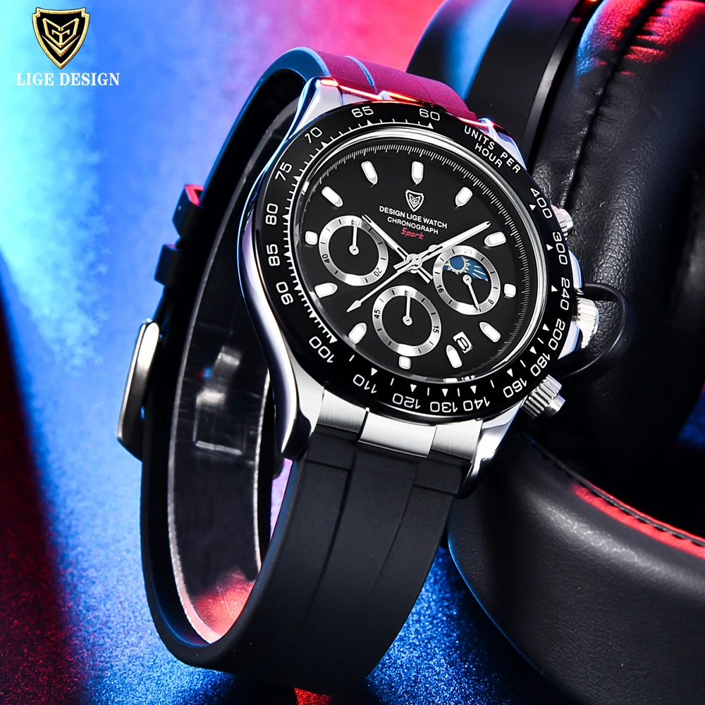 LIGE New Watches Men Luxury Brand Fashion Watch Big Dial Silicone Wristwatch Sport Waterproof Quartz Chronograph Clocks Relogio