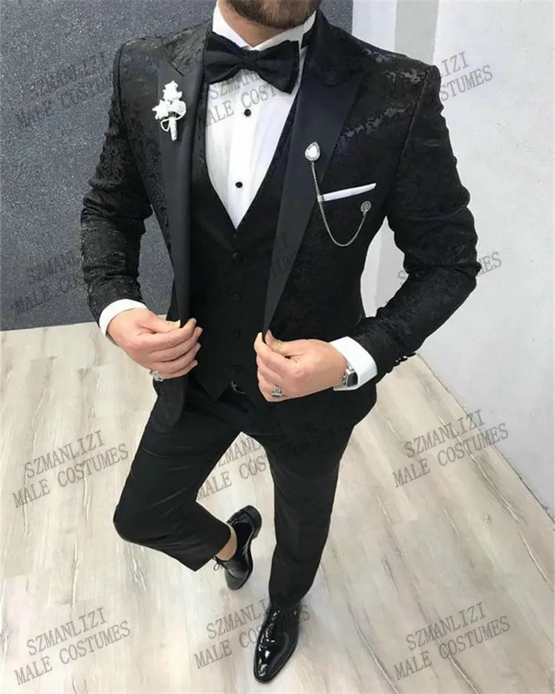 

Black Jacquard Suit For Men 2024 Mens Suits For Wedding Groom Tuxedo Peaked Lapel Costume Homme Mariage Terno Masculino 3 Pieces