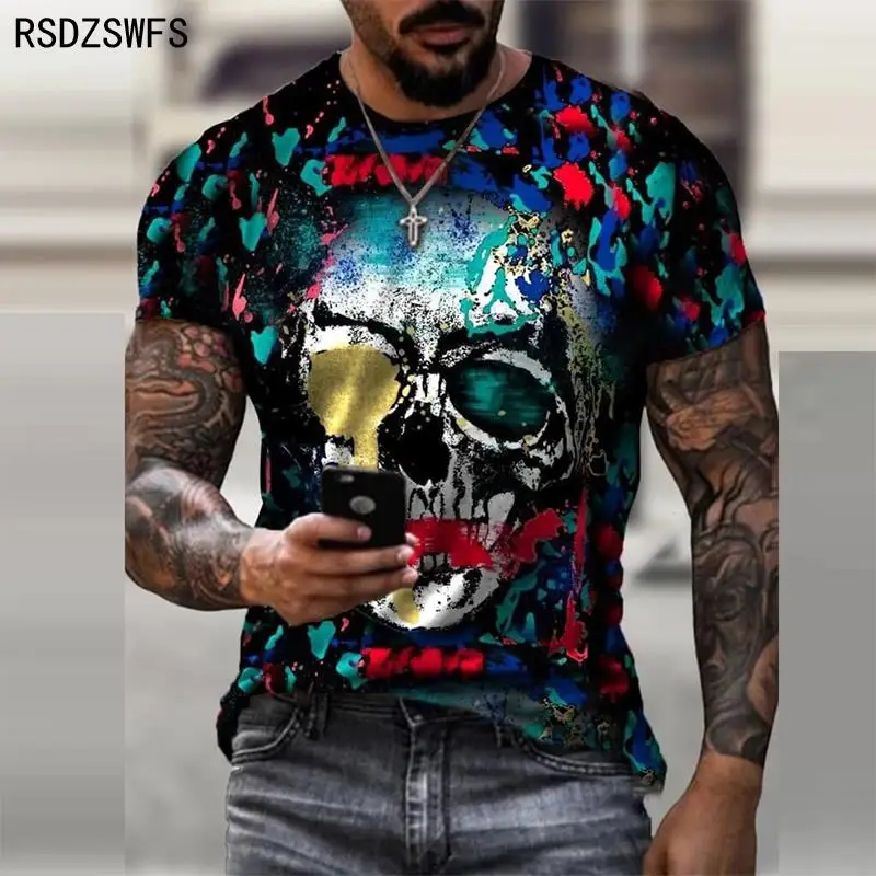 Personality 3D Printing Men\'s T-Shirt Skull Pattern for Men Demon Streetwear Handsome O-Neck Short Sleeves Casual Tshirt Top Tee