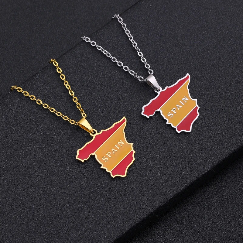 Fashion Spain Map Flag Pendant Necklace Stainless Steel Gold Silver Color Men Women Ethnic Map Jewelry Gift