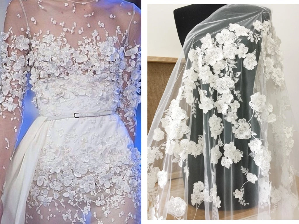 

Exquisite Applique Beaded Bridal Lace Fabric Handmade DIY Light Ivory Decorative Wedding Fabric RS3674