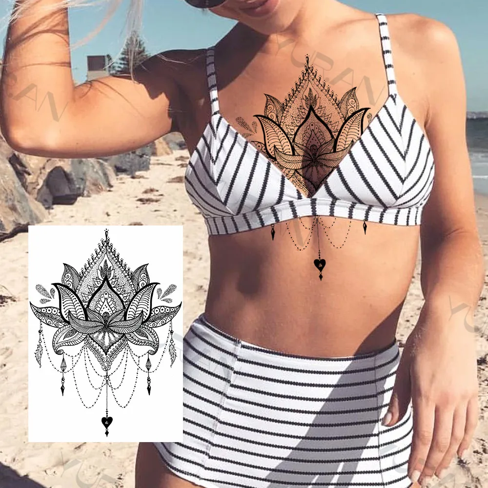 YURAN-tatuaje falso de búho de brazo grande para mujer, calcomanías de Henna India, tatuajes de encaje personalizados, Mandala, flor, tortuga negra