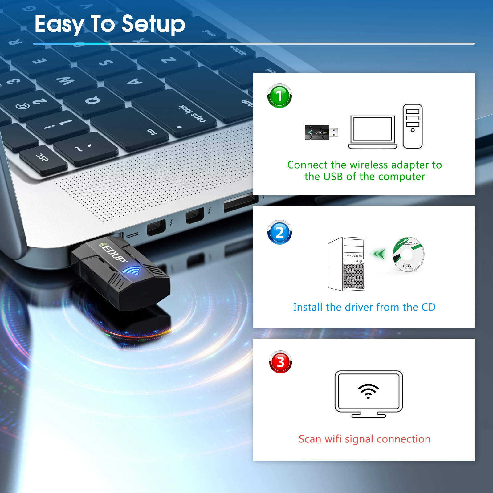 EDUP 1300Mbps USB3.0 Wireless Network Card WiFi Adapter 2.4Ghz 5.8Ghz Dual Band Portable Stable Signal Adapter Desktop Laptop