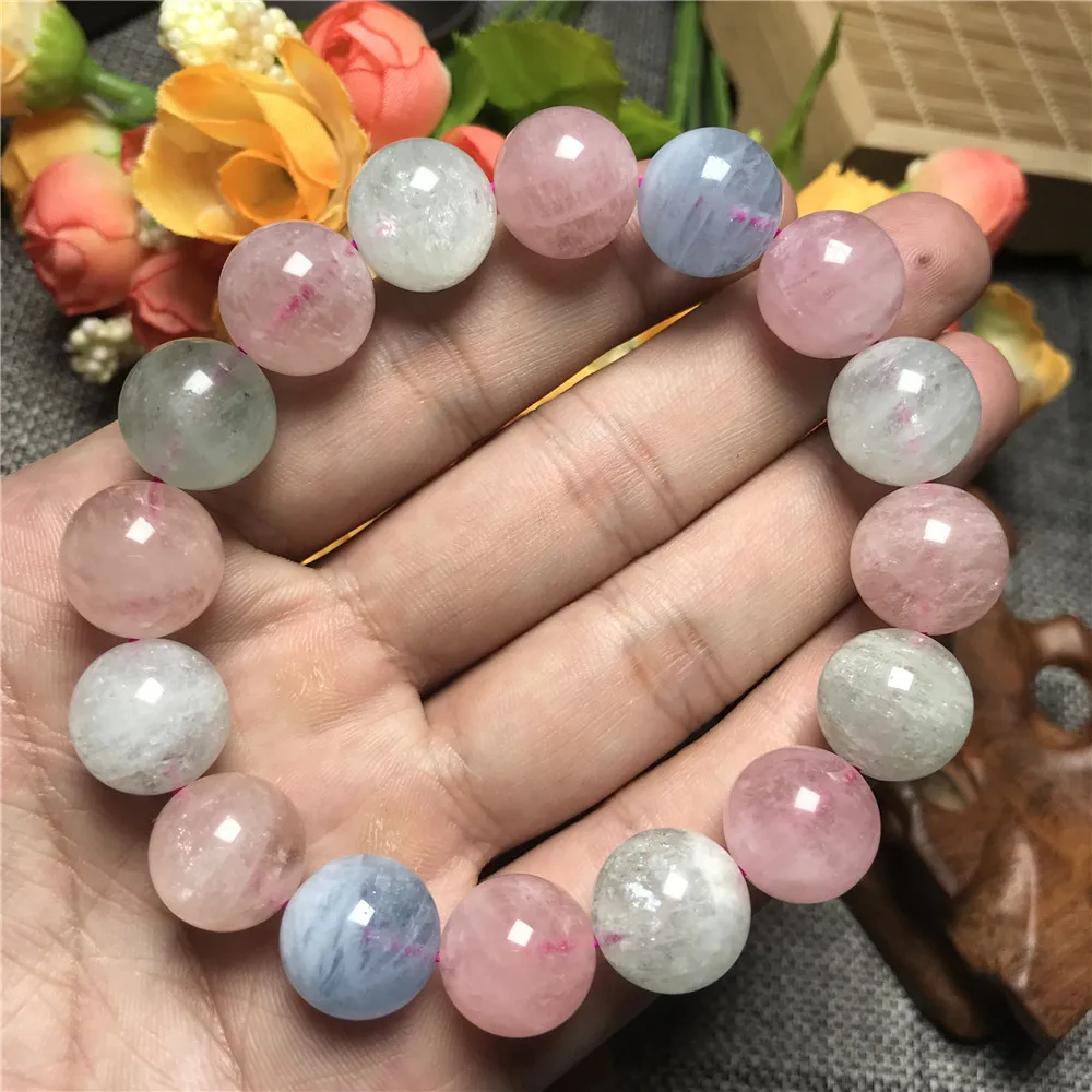 

Natural Colorful Beryl Morganite Bracelet Jewelry For Women Lady Men Gift Crystal Round Beads Stone Strands AAAAA 14mm 13mm