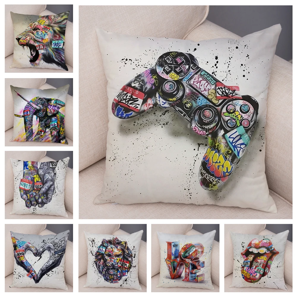 Abstract Street Art Animal Hand Cushion Cover Decor Graffiti Gamepad Pillowcase for Sofa Home Soft Plush Pillow Case 45x45cm