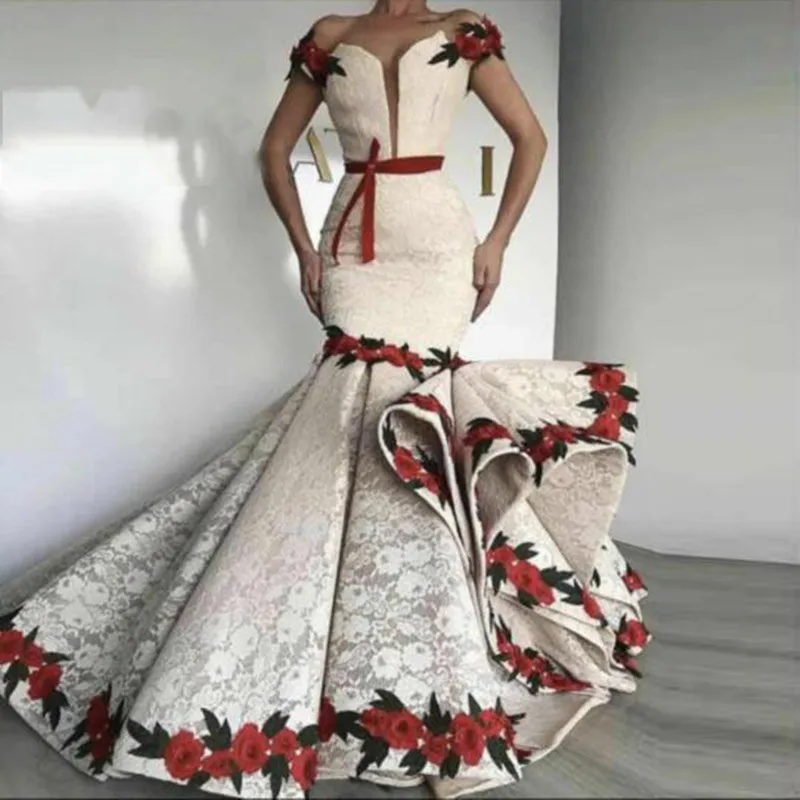 Dubai African Prom Dresses Off The Shoulder Appliques Lave Flowers Sash Lace Mermaid Evening Dress robe de soiree Women Wear