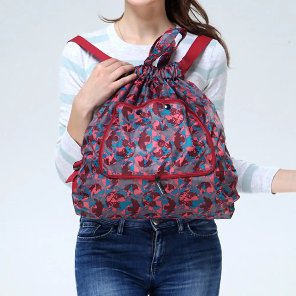 Foldable Flower Print Nylon Drawstring Waterproof Large Capacity Backpack Handbag for Shopping