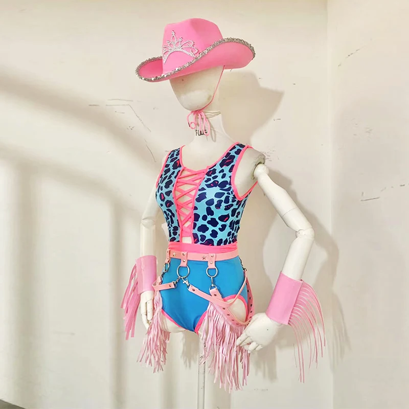 Cow Boy Nightclub Gogo Dancing Costume Hip Hop Jazz Dancer Outfit Leopard Bodysuit Party Bar Dj Clubwear Rave Clothes VDB4793