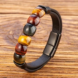 New Fashion Natural Stone Beaded Bracelet Men and Women's Leather Bracelet Handmade Jewelry Stainless Steel Bracelet Men's Gift