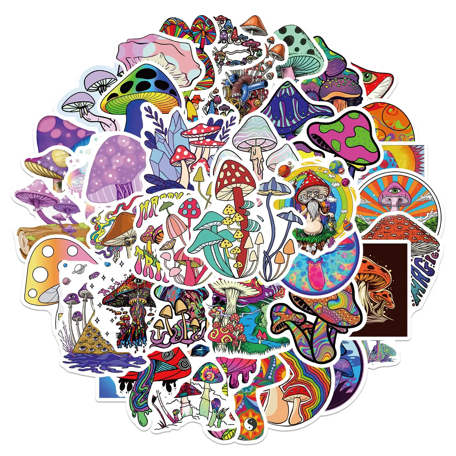 50PCS Cartoon Psychedelic Mushroom Sticker Cute Color Magic Plant Funny Anime Stickers Phone Laptop Scrapbooking Stickers