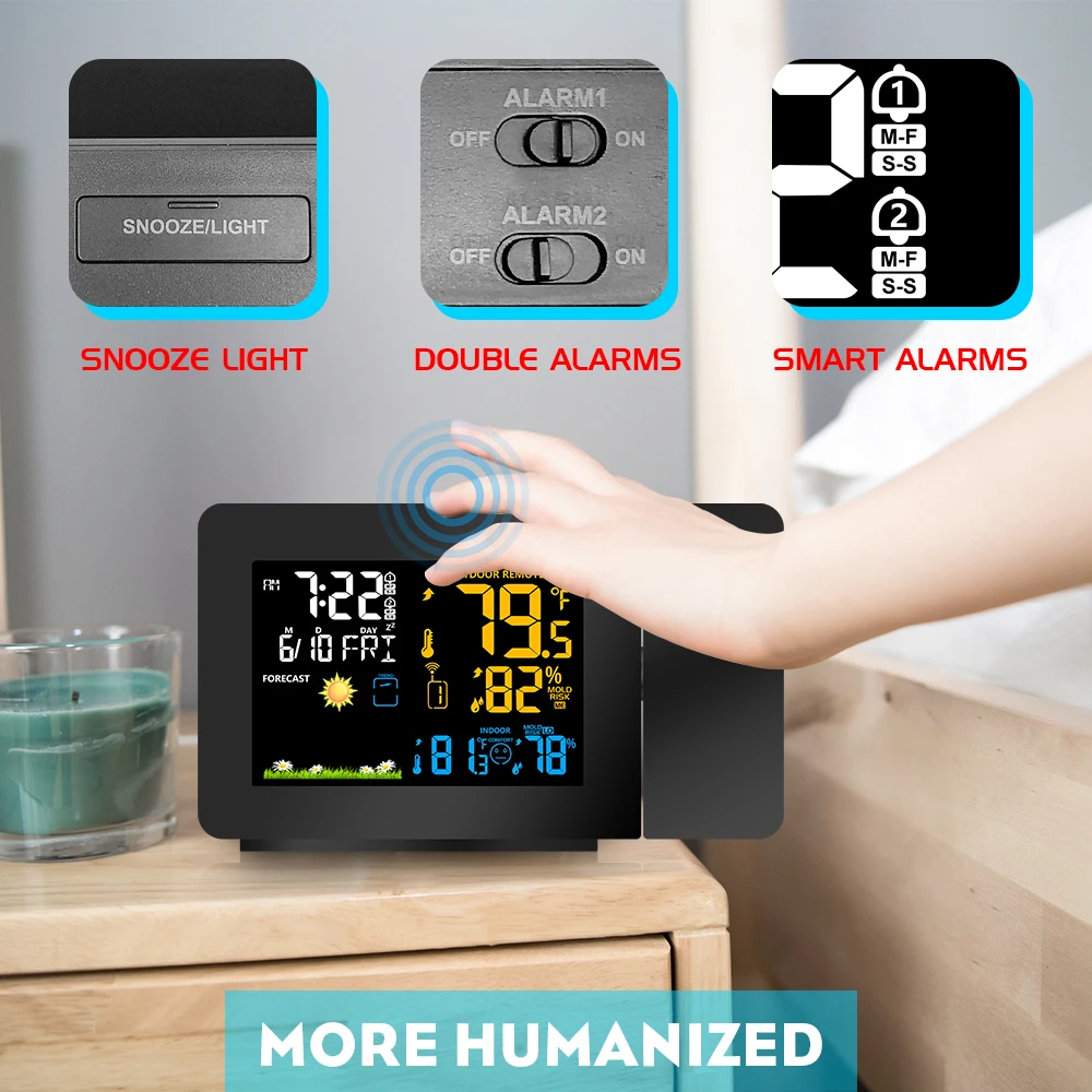 Projection Alarm Clock Weather Station Snooze Function Colorful Backlight  Desk Table Led With Temperature Humidity Sensor