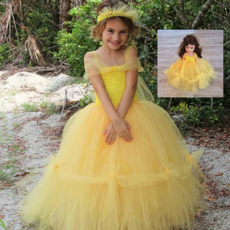 Princess Belle Inspired Matching Girl Tutu Dresses Yellow Lolita Princess Baby Girl Dress for Party Halloween Cosplay Clothes