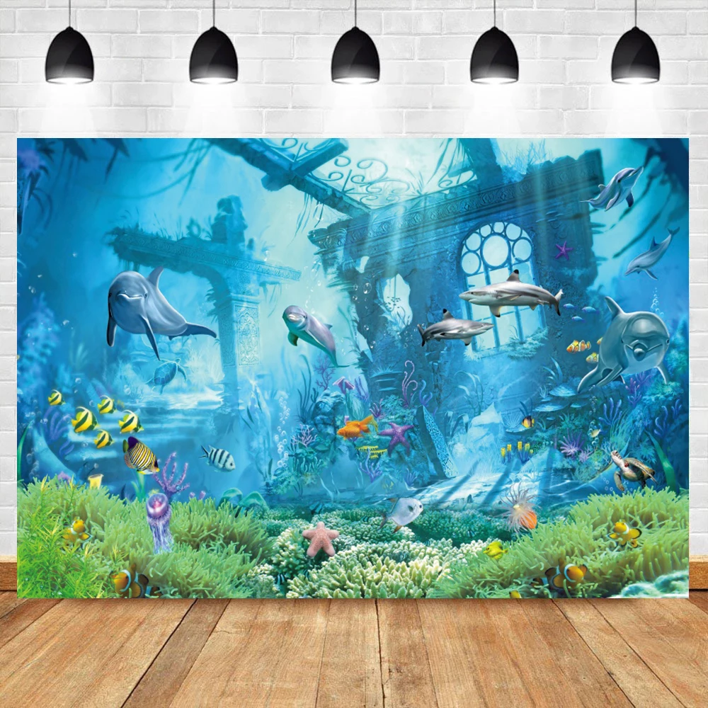 Laeacco Đại Dương Dưới Nước Phong Cảnh Cá Heo Vật Có Hoa Bé Đảng Nhiếp Ảnh Backdrop Tùy Chỉnh Chụp Ảnh Nền Studio Chụp Ảnh