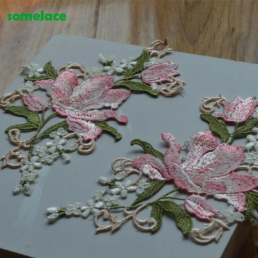 (1Pair/Lot)12cm*18cm Big Pink~Blue Flower Green Leaf Wedding Bridal Embroidery High quality Sewing Lace Applique2020411