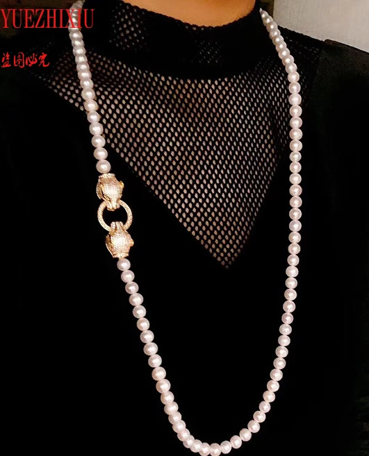 

elegant AAA white 8-9mm natural freshwater pearl necklace Leopard head inlay zircon 32inch